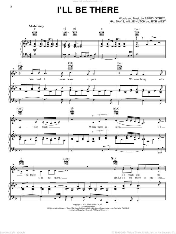 I'll Be There sheet music for voice, piano or guitar by Mariah Carey, Michael Jackson, The Jackson 5, Berry Gordy, Hal Davis and Willie Hutch, intermediate skill level