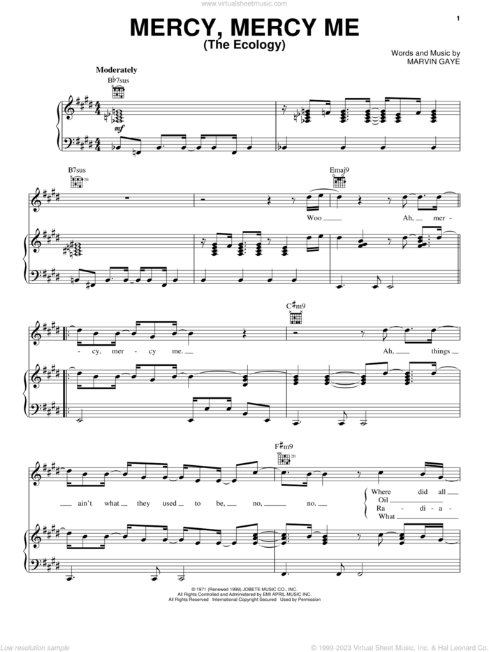Mercy, Mercy Me (The Ecology) sheet music for voice, piano or guitar by Marvin Gaye, intermediate skill level