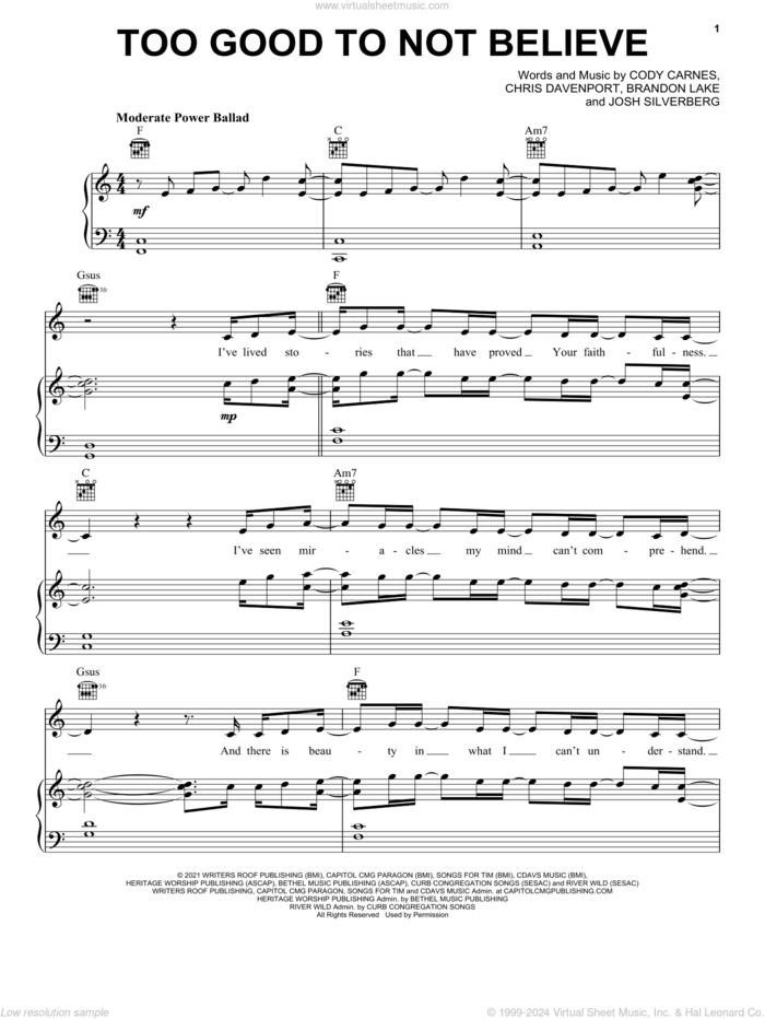 Too Good To Not Believe (feat. Brandon Lake) sheet music for voice, piano or guitar by Cody Carnes, Cory Asbury and Ethan Hulse, intermediate skill level