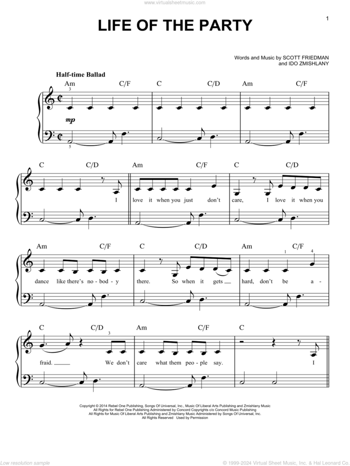 Life Of The Party sheet music for piano solo by Shawn Mendes, Ido Zmishlany and Scott Friedman, easy skill level