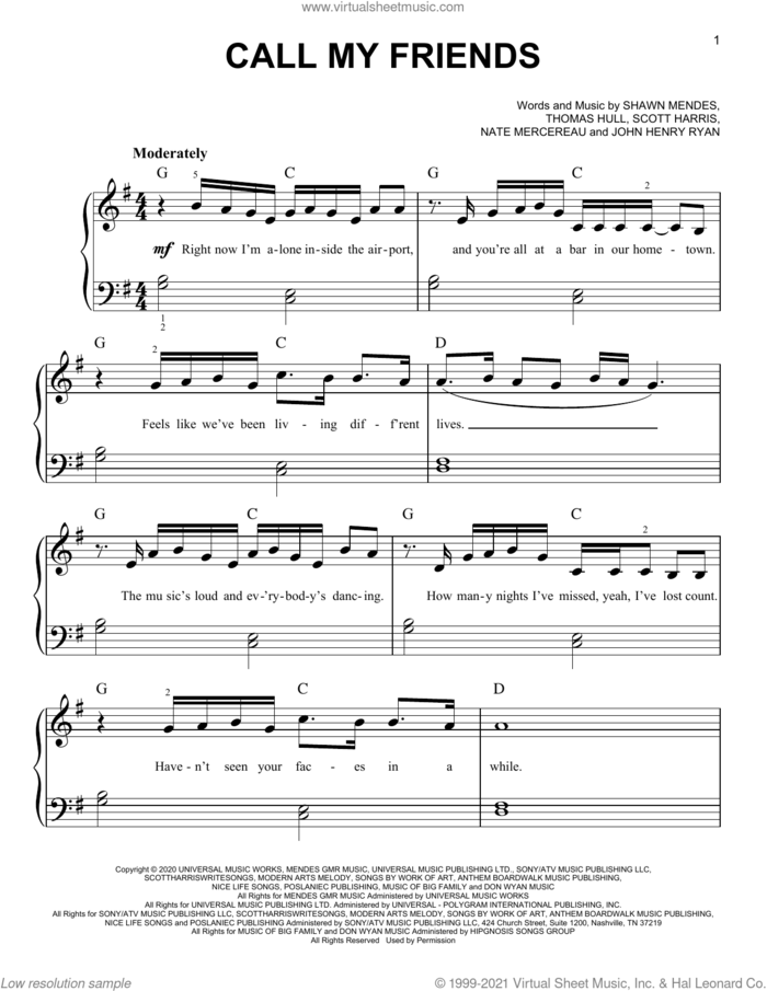 Call My Friends sheet music for piano solo by Shawn Mendes, John Henry Ryan, Nate Mercereau, Scott Harris and Tom Hull, easy skill level