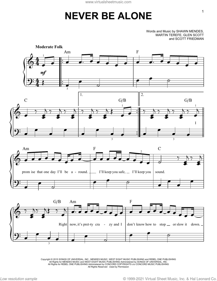 Never Be Alone sheet music for piano solo by Shawn Mendes, Glen Scott, Martin Terefe and Scott Friedman, easy skill level