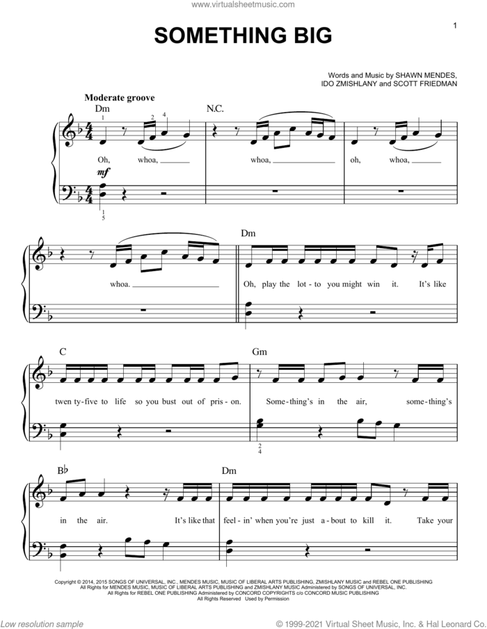 Something Big sheet music for piano solo by Shawn Mendes, Ido Zmishlany and Scott Friedman, easy skill level