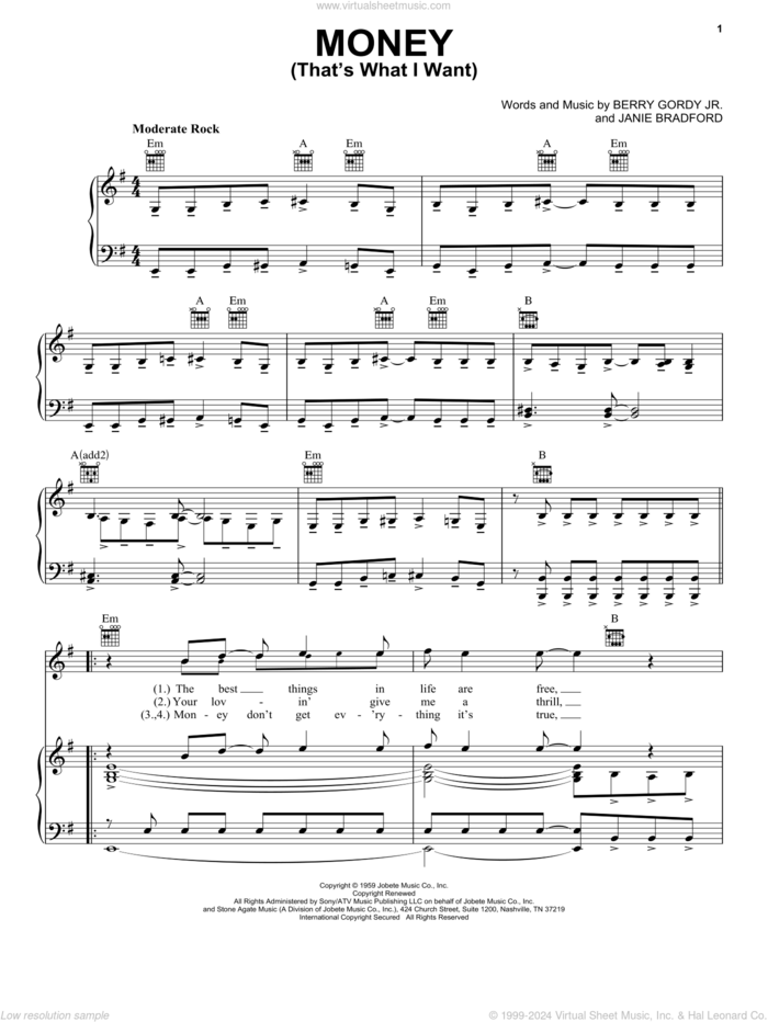 Money (That's What I Want) sheet music for voice, piano or guitar by The Beatles, Barrett Strong, Berry Gordy and Janie Bradford, intermediate skill level