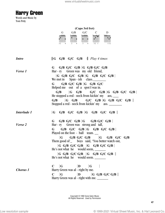 Harry Green sheet music for guitar (chords) by Tom Petty, intermediate skill level