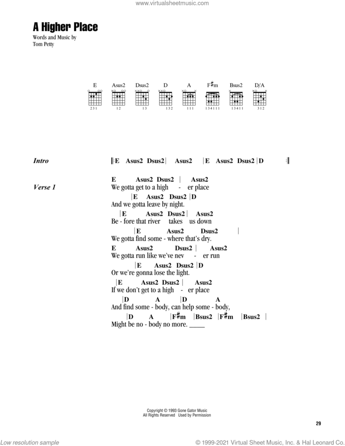 A Higher Place sheet music for guitar (chords) by Tom Petty, intermediate skill level