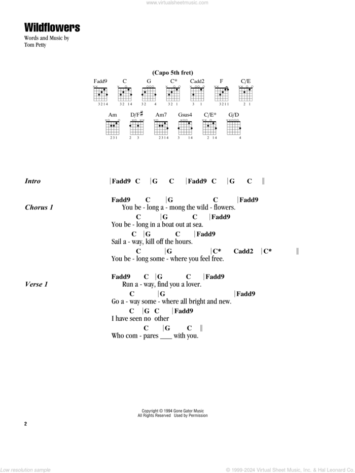 Wildflowers sheet music for guitar (chords) by Tom Petty, intermediate skill level