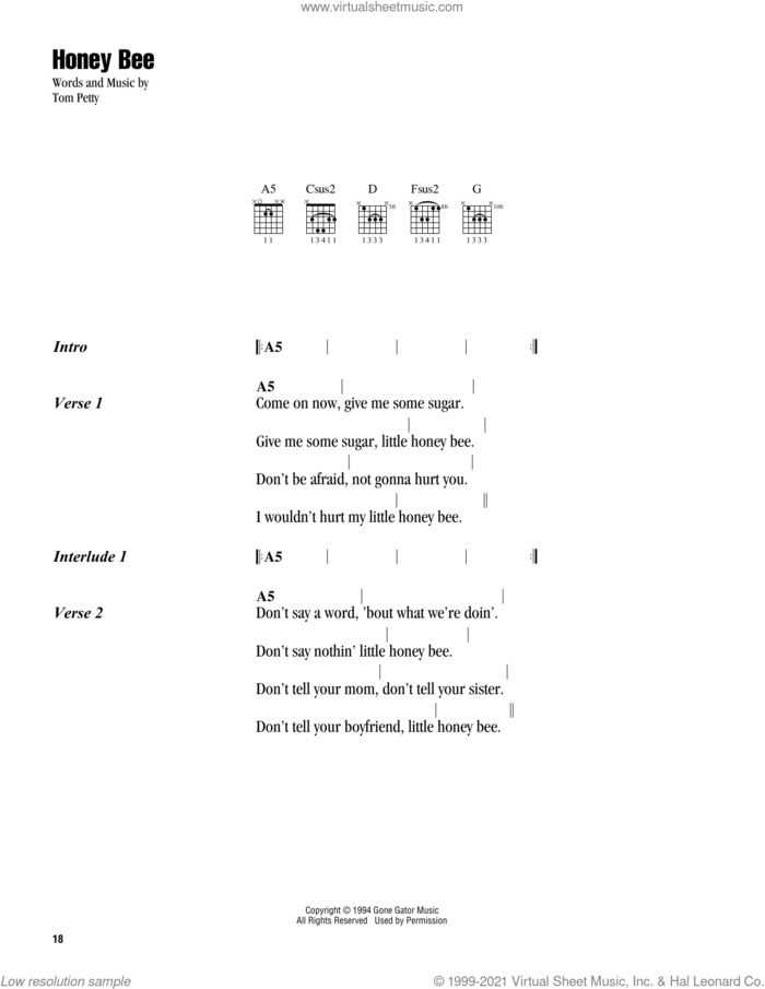 Honey Bee sheet music for guitar (chords) by Tom Petty, intermediate skill level