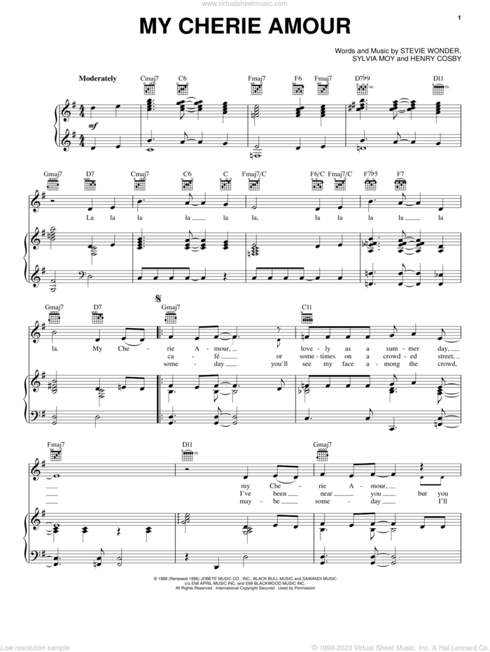 My Cherie Amour sheet music for voice, piano or guitar by Stevie Wonder, Henry Cosby and Sylvia Moy, intermediate skill level