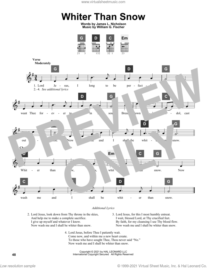 Whiter Than Snow sheet music for guitar solo (ChordBuddy system) by William G. Fischer and James L. Nicholson, intermediate guitar (ChordBuddy system)