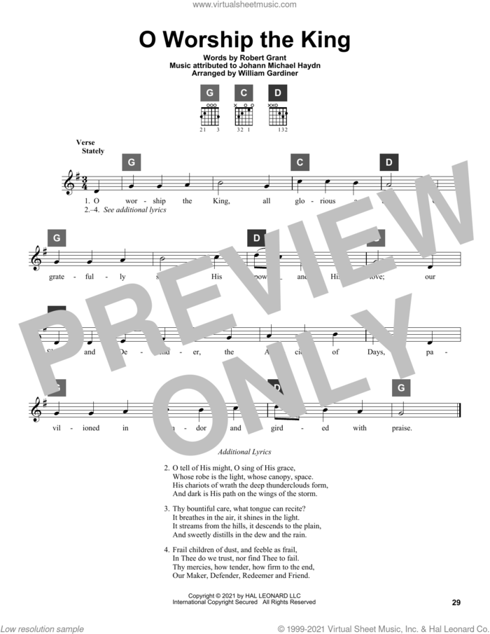 O Worship The King sheet music for guitar solo (ChordBuddy system) by Johann Michael Haydn, Robert Grant and William Gardiner, intermediate guitar (ChordBuddy system)