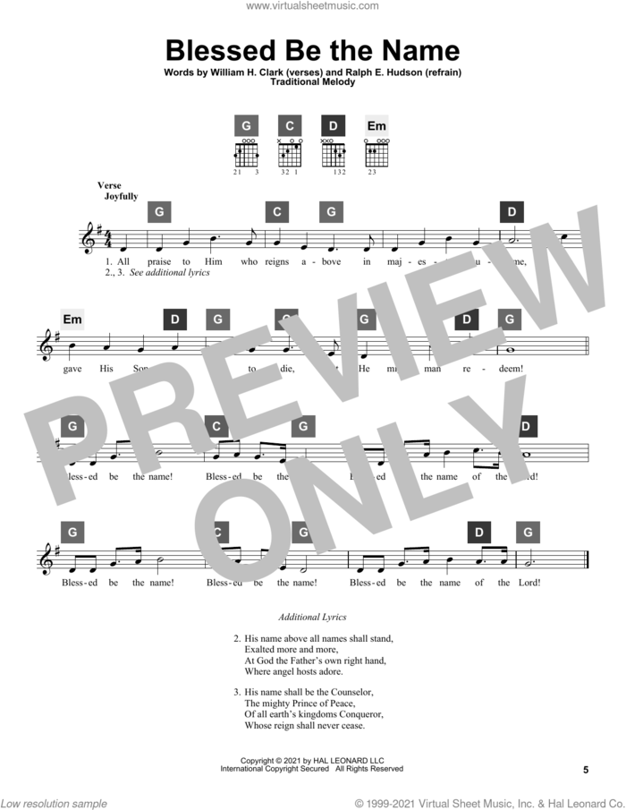 Blessed Be The Name sheet music for guitar solo (ChordBuddy system) by William J. Kirkpatrick, Ralph Hudson and William H. Clark, intermediate guitar (ChordBuddy system)