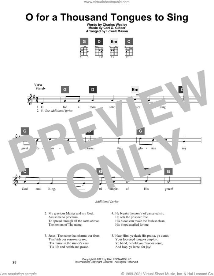 O For A Thousand Tongues To Sing sheet music for guitar solo (ChordBuddy system) by Charles Wesley, Carl G. Glaser and Lowell Mason, intermediate guitar (ChordBuddy system)