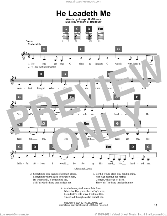 He Leadeth Me sheet music for guitar solo (ChordBuddy system) by William B. Bradbury and Joseph H. Gilmore, intermediate guitar (ChordBuddy system)