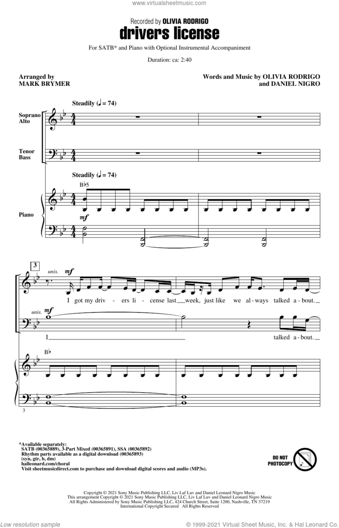 drivers license (arr. Mark Brymer) sheet music for choir (SATB: soprano, alto, tenor, bass) by Olivia Rodrigo, Mark Brymer and Daniel Nigro, intermediate skill level