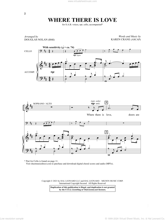 Where There Is Love (arr. Douglas Nolan) sheet music for choir (SAB: soprano, alto, bass) by Karen Crane and Douglas Nolan, wedding score, intermediate skill level