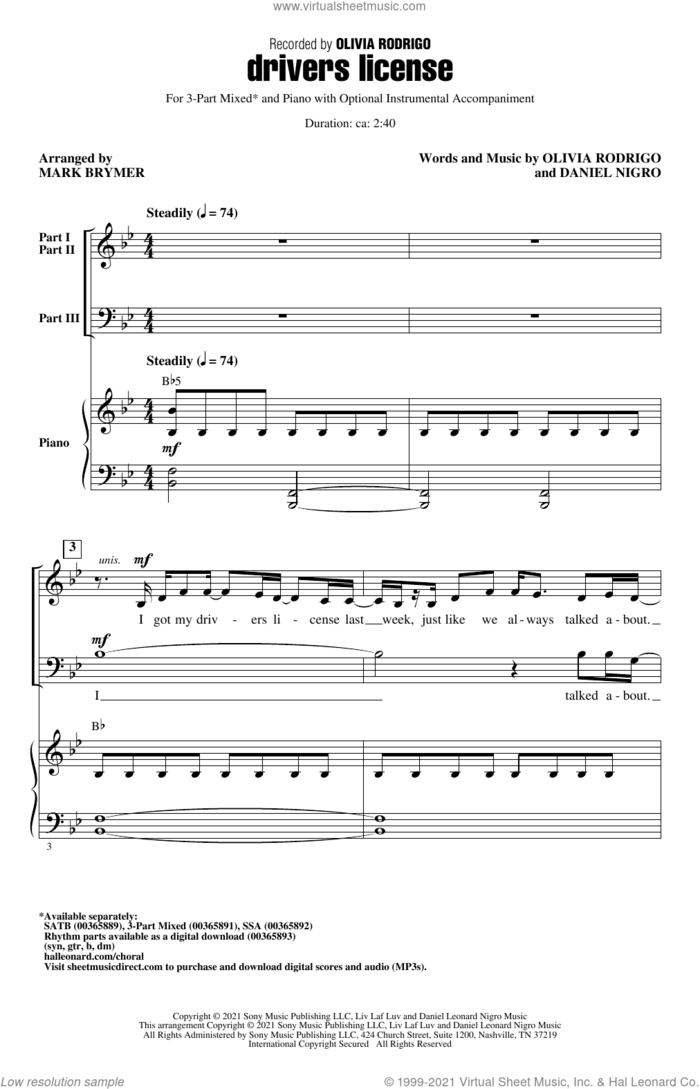 drivers license (arr. Mark Brymer) sheet music for choir (3-Part Mixed) by Olivia Rodrigo, Mark Brymer and Daniel Nigro, intermediate skill level