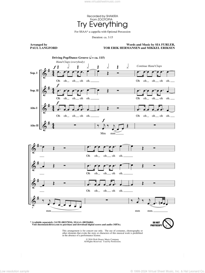 Try Everything (arr. Paul Langford) sheet music for choir (SSAA: soprano, alto) by Shakira, Paul Langford, Mikkel Eriksen, Sia Furler and Tor Erik Hermansen, intermediate skill level