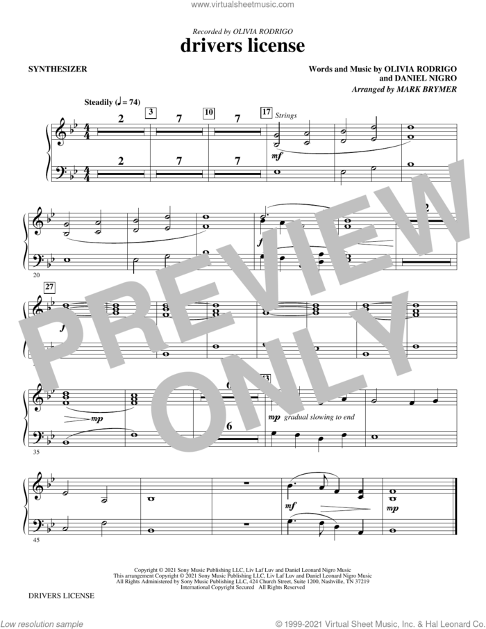 drivers license (arr. Mark Brymer) (complete set of parts) sheet music for orchestra/band by Mark Brymer, Daniel Nigro and Olivia Rodrigo, intermediate skill level