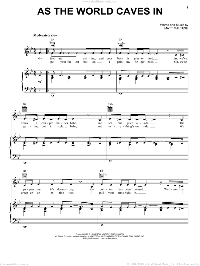 As The World Caves In sheet music for voice, piano or guitar by Matt Maltese, intermediate skill level
