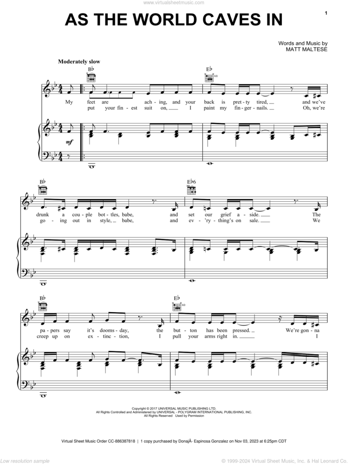 As The World Caves In sheet music for voice, piano or guitar by Matt Maltese, intermediate skill level