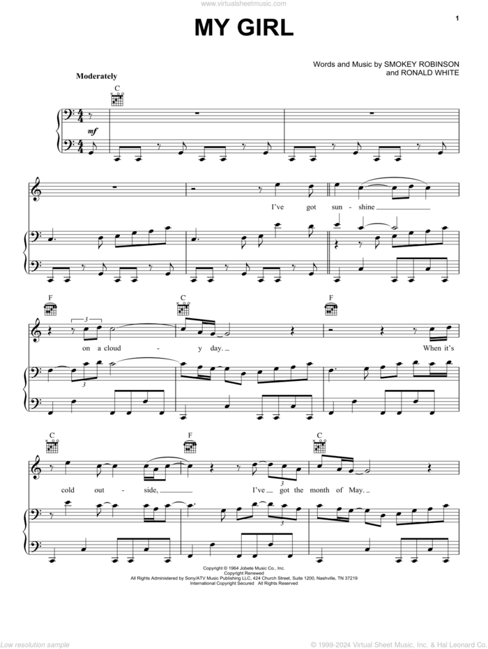 My Girl sheet music for voice, piano or guitar by The Temptations and Ronald White, intermediate skill level