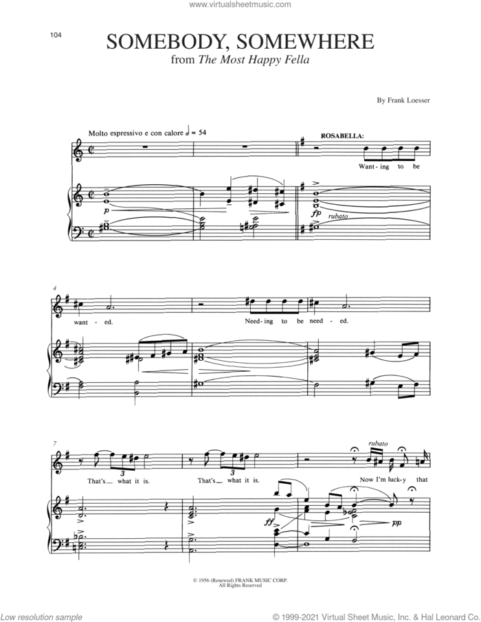 Somebody, Somewhere (from The Most Happy Fella) sheet music for voice and piano by Frank Loesser and Richard Walters, intermediate skill level