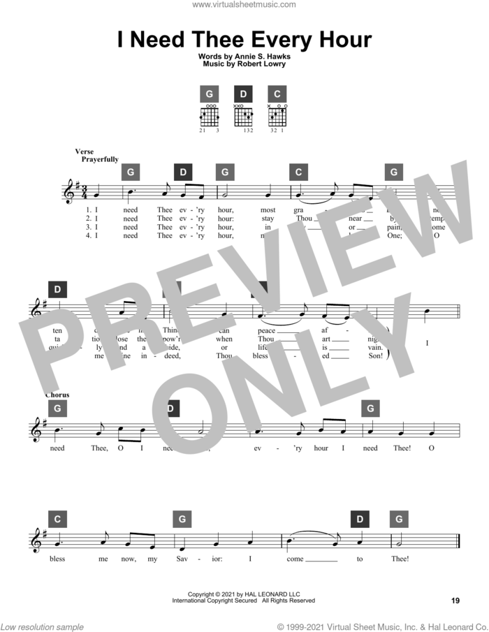 I Need Thee Every Hour sheet music for guitar solo (ChordBuddy system) by Robert Lowry and Annie S. Hawks, intermediate guitar (ChordBuddy system)