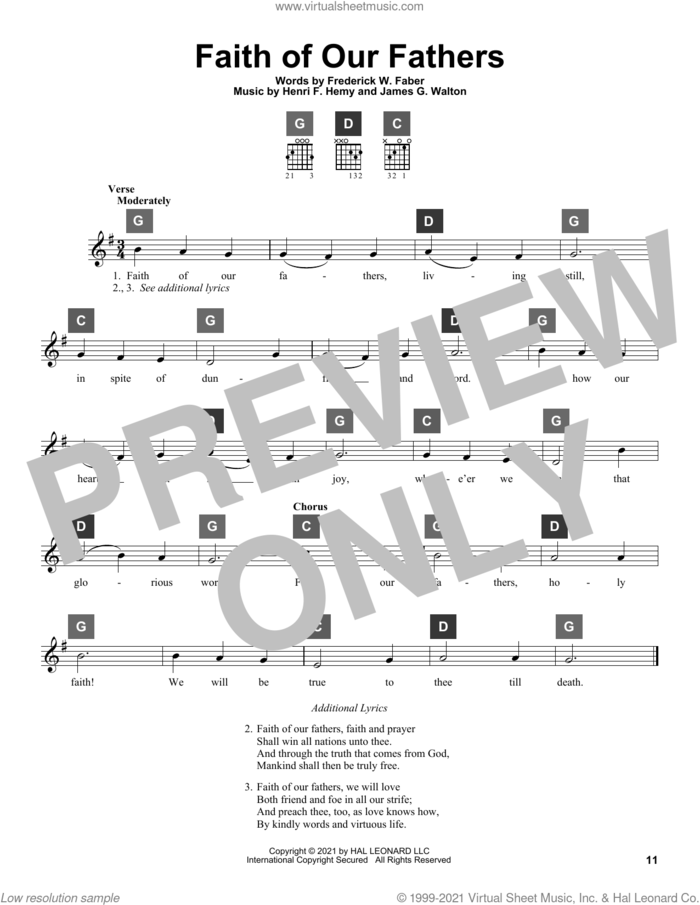 Faith Of Our Fathers sheet music for guitar solo (ChordBuddy system) by Frederick William Faber, Henri F. Hemy and James G. Walton, intermediate guitar (ChordBuddy system)