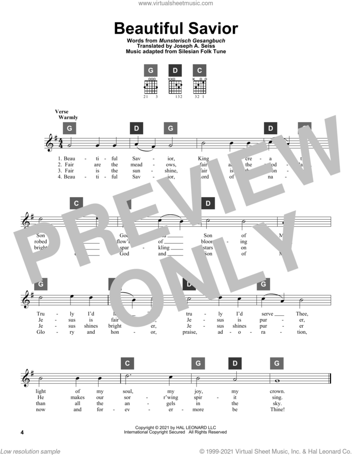 Beautiful Savior sheet music for guitar solo (ChordBuddy system) by Joseph August Seiss, Musterisch Gesangbuch and Silesian Folk Tune, intermediate guitar (ChordBuddy system)