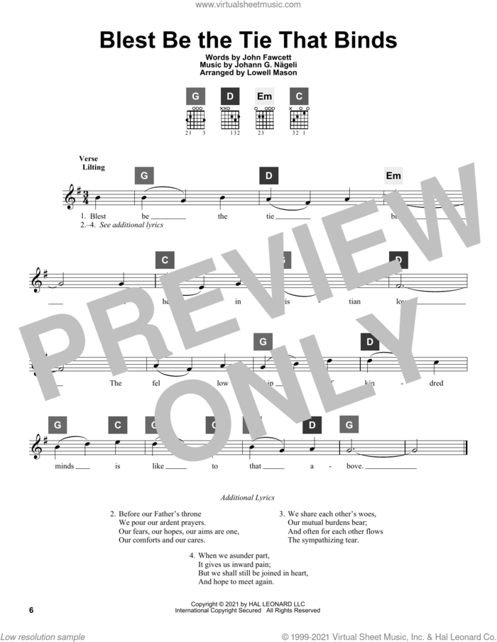 Blest Be The Tie That Binds sheet music for guitar solo (ChordBuddy system) by Lowell Mason, Johann G. Nageli and John Fawcett, intermediate guitar (ChordBuddy system)
