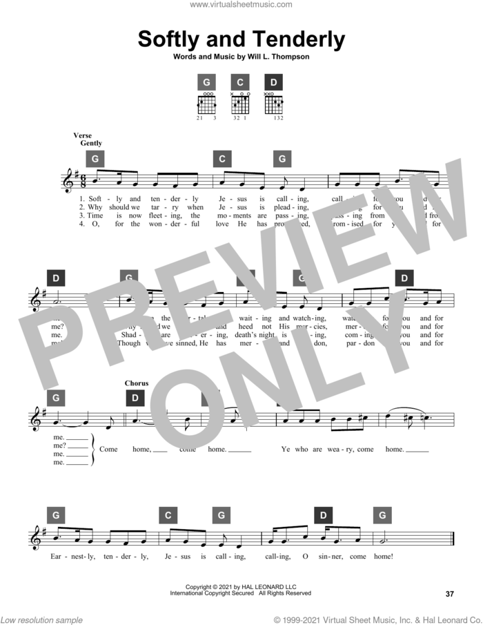Softly And Tenderly sheet music for guitar solo (ChordBuddy system) by Will L. Thompson and Travis Perry, intermediate guitar (ChordBuddy system)