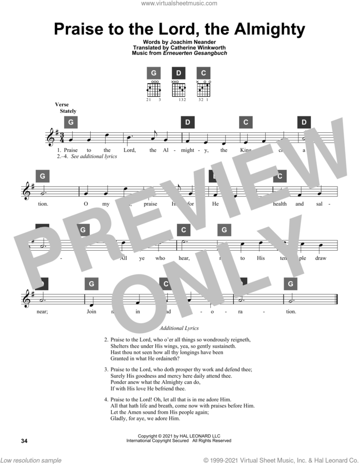 Praise To The Lord, The Almighty sheet music for guitar solo (ChordBuddy system) by Catherine Winkworth, Travis Perry, Erneuerten Gesangbuch and Joachim Neander, intermediate guitar (ChordBuddy system)