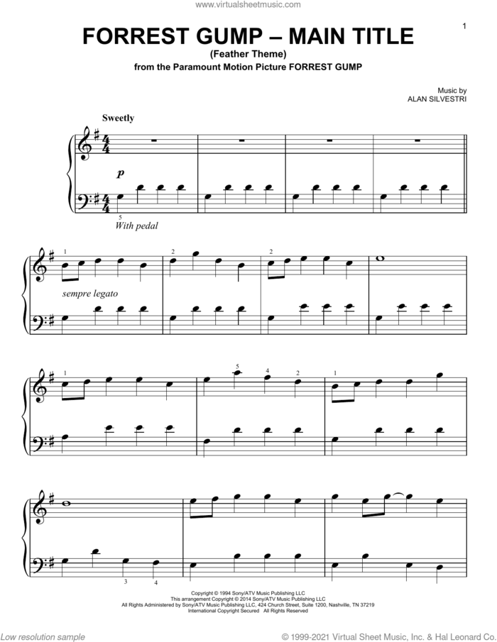Forrest Gump - Main Title (Feather Theme) sheet music for voice and other instruments (E-Z Play) by Alan Silvestri, easy skill level