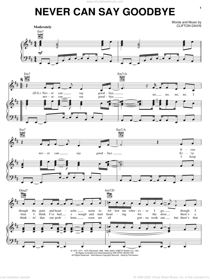 Never Can Say Goodbye sheet music for voice, piano or guitar by The Jackson 5, Gloria Gaynor, Isaac Hayes, Michael Jackson and Clifton Davis, intermediate skill level