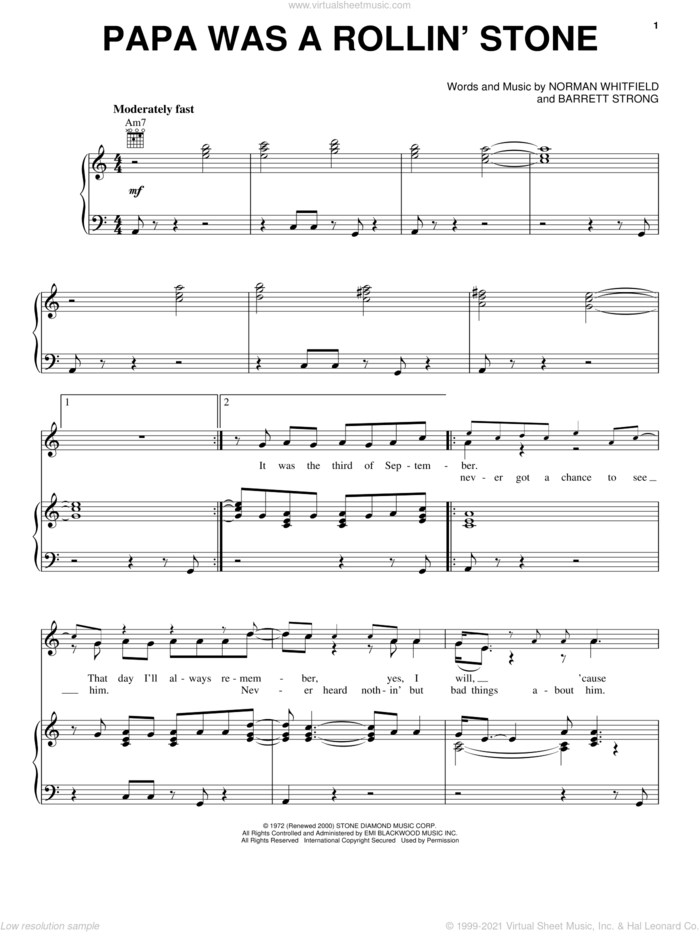Papa Was A Rollin' Stone sheet music for voice, piano or guitar by The Temptations, George Michael, Barrett Strong and Norman Whitfield, intermediate skill level