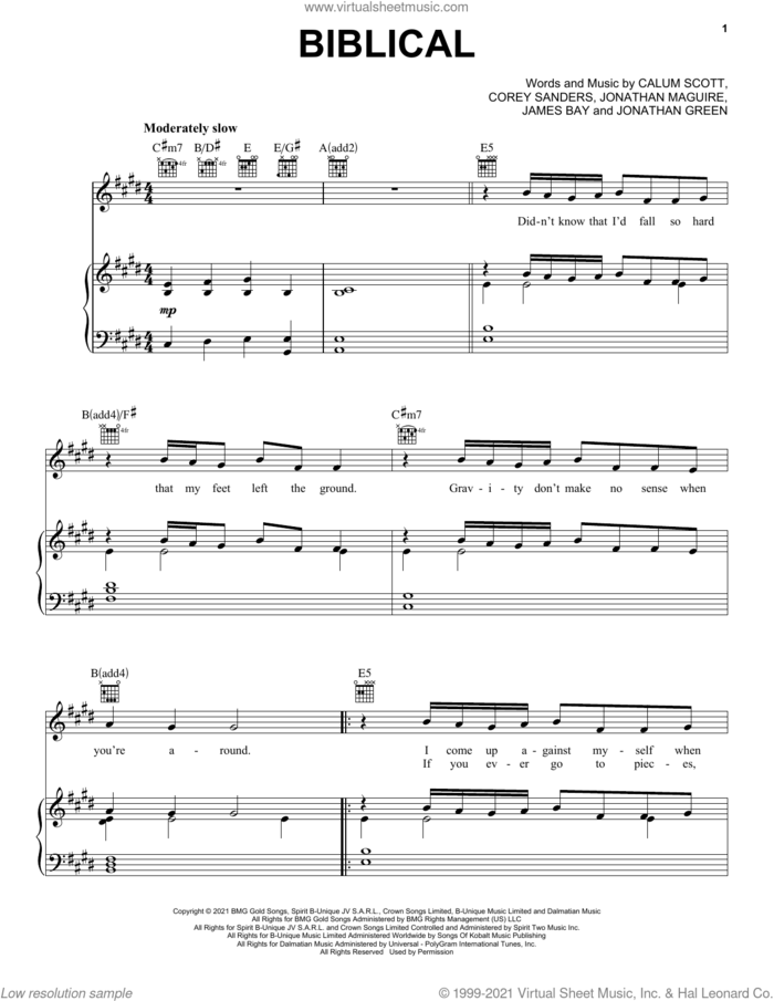 Biblical sheet music for voice, piano or guitar by Calum Scott, Corey Sanders, James Bay, Jon Maguire and Jonathan Green, intermediate skill level