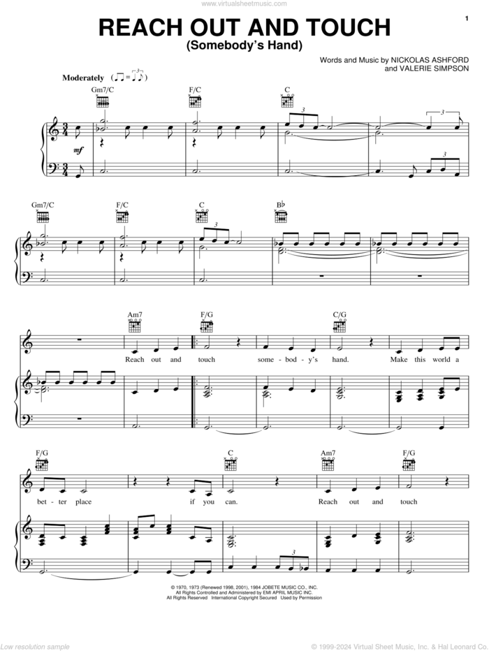 Reach Out And Touch (Somebody's Hand) sheet music for voice, piano or guitar by Diana Ross, Ashford & Simpson, Nickolas Ashford and Valerie Simpson, intermediate skill level