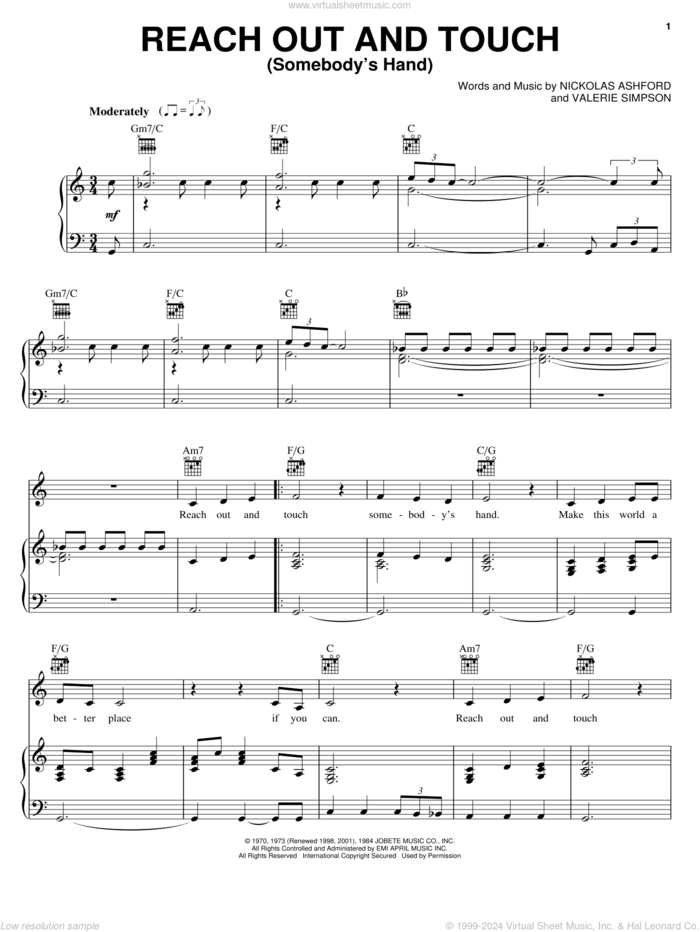 Reach Out And Touch (Somebody's Hand) sheet music for voice, piano or guitar by Diana Ross, Ashford & Simpson, Nickolas Ashford and Valerie Simpson, intermediate skill level