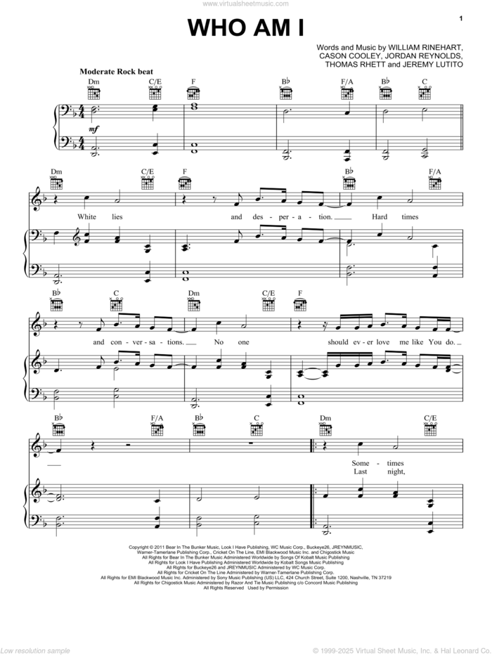 Who Am I sheet music for voice, piano or guitar by NEEDTOBREATHE, Nathaniel Rinehart and William Rinehart, intermediate skill level