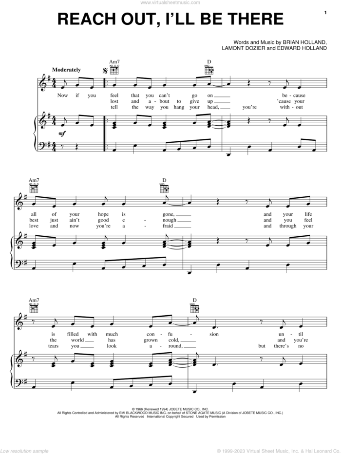 Reach Out, I'll Be There sheet music for voice, piano or guitar by The Four Tops, Brian Holland, Eddie Holland and Lamont Dozier, intermediate skill level