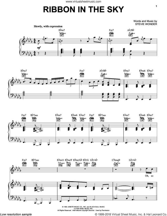 Ribbon In The Sky sheet music for voice, piano or guitar by Stevie Wonder, wedding score, intermediate skill level