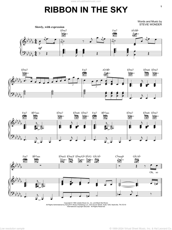 Ribbon In The Sky sheet music for voice, piano or guitar by Stevie Wonder, wedding score, intermediate skill level