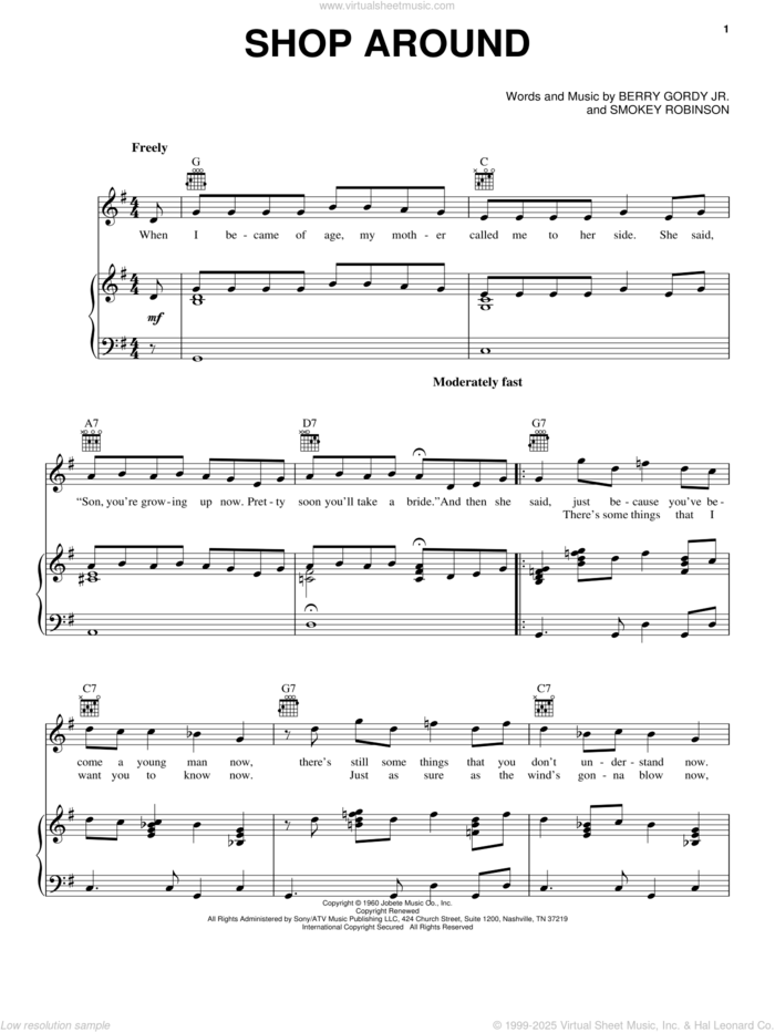 Shop Around sheet music for voice, piano or guitar by Smokey Robinson & The Miracles, Captain & Tennille, The Miracles and Berry Gordy, intermediate skill level