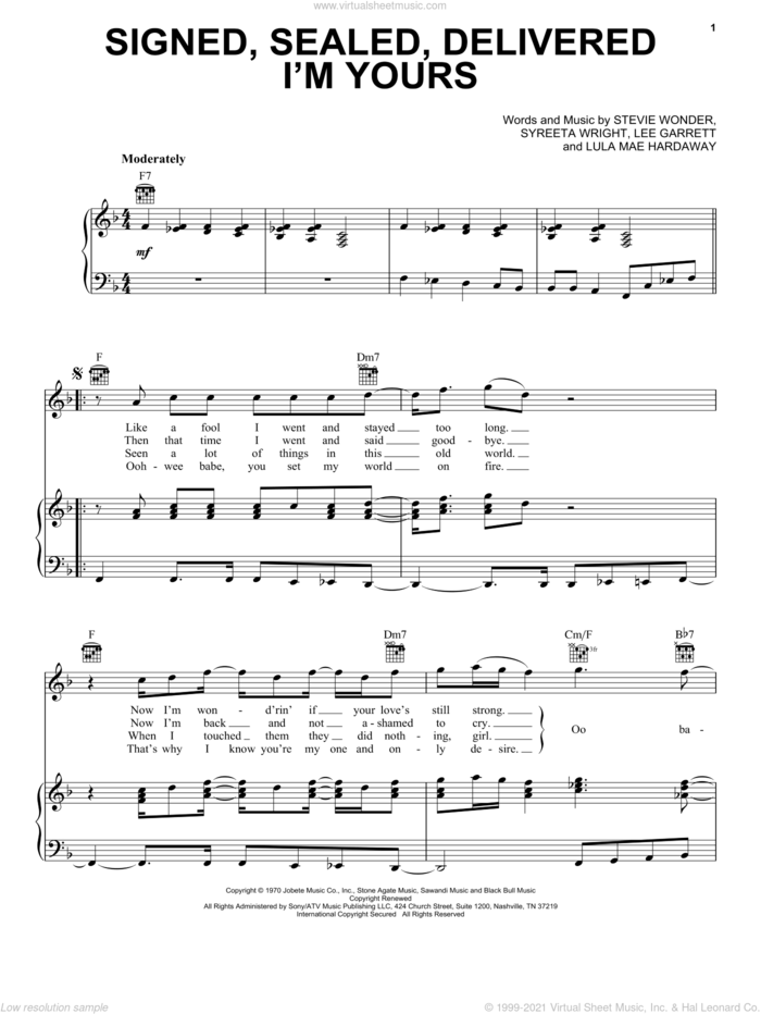 Signed, Sealed, Delivered I'm Yours sheet music for voice, piano or guitar by Stevie Wonder, Michael McDonald, Lee Garrett and Syreeta Wright, intermediate skill level