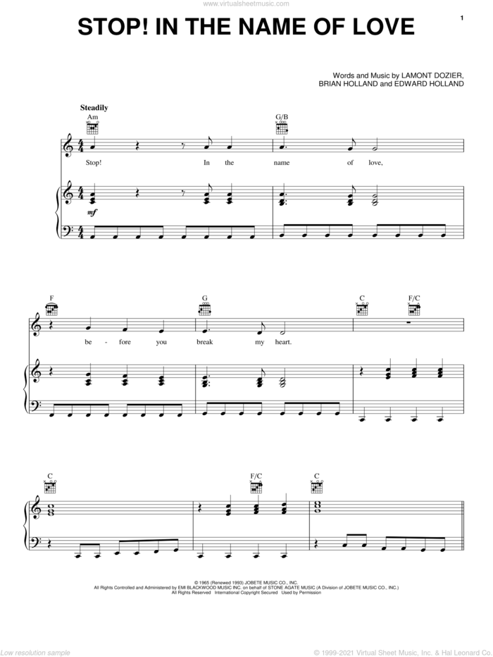 Stop! In The Name Of Love sheet music for voice, piano or guitar by The Supremes, Brian Holland, Eddie Holland and Lamont Dozier, intermediate skill level