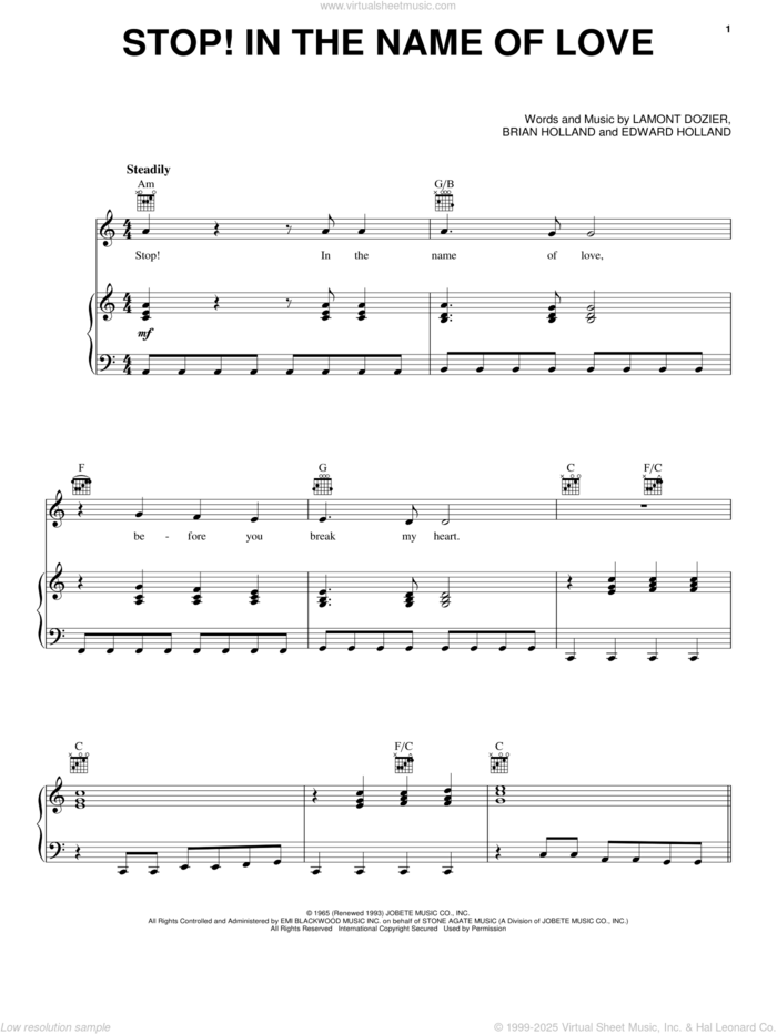 Stop! In The Name Of Love sheet music for voice, piano or guitar by The Supremes, Brian Holland, Eddie Holland and Lamont Dozier, intermediate skill level