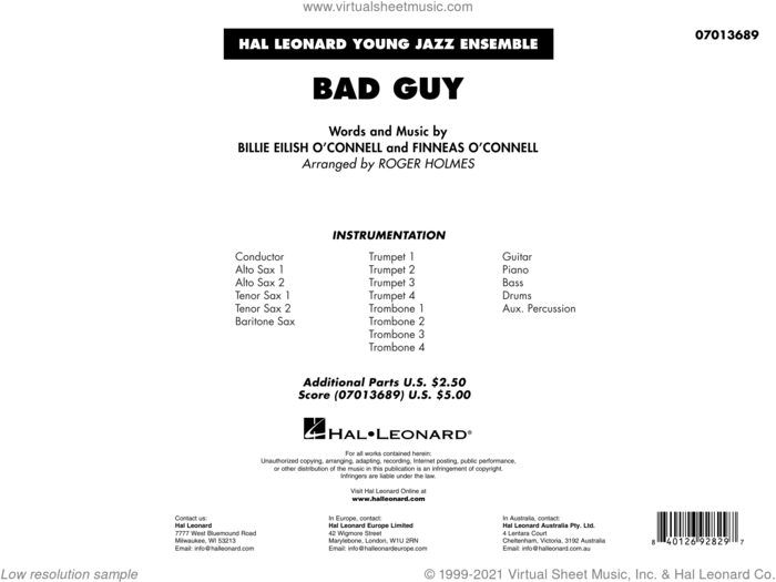 Bad Guy (arr. Roger Holmes) (COMPLETE) sheet music for jazz band by Billie Eilish and Roger Holmes, intermediate skill level