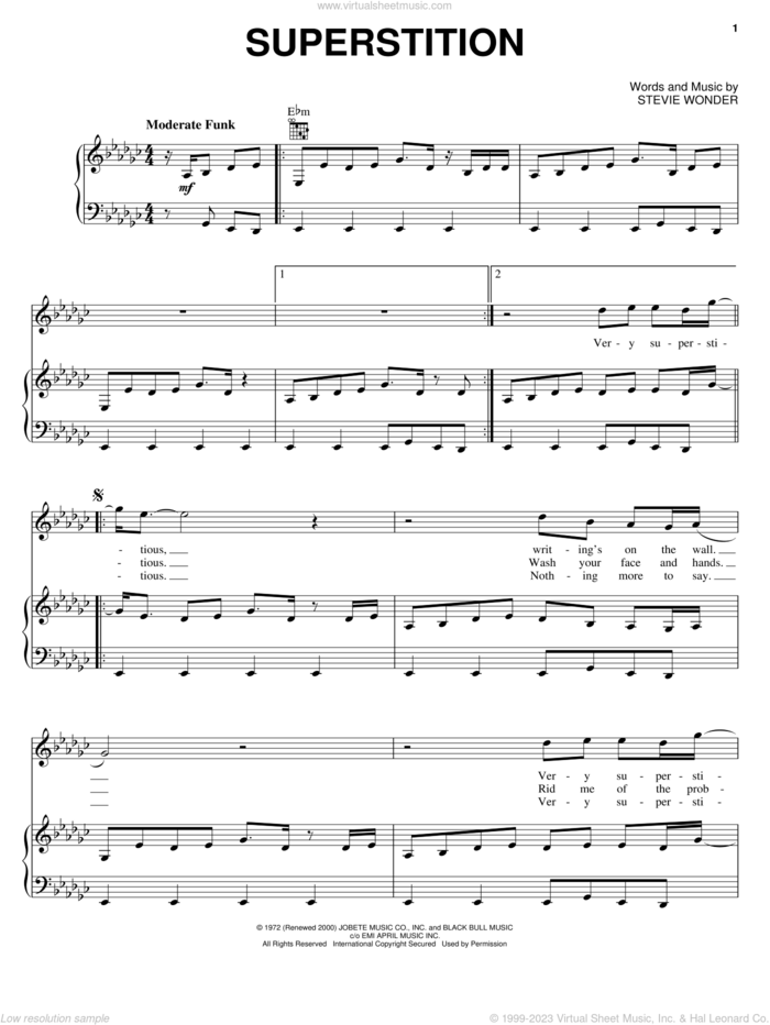 Superstition sheet music for voice, piano or guitar by Stevie Wonder and Stevie Ray Vaughan, intermediate skill level