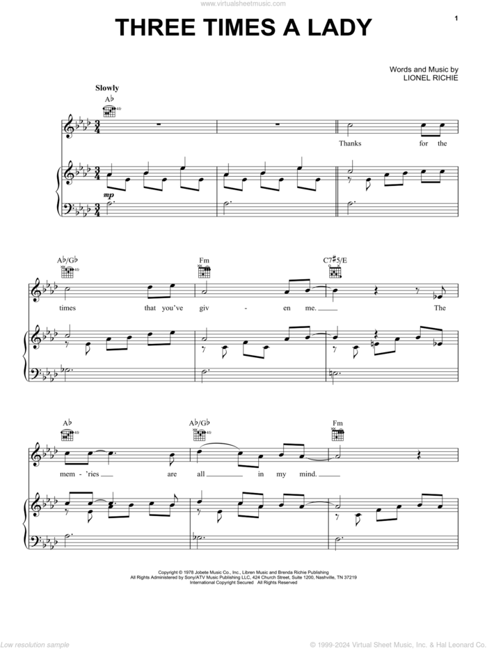 Three Times A Lady sheet music for voice, piano or guitar by The Commodores and Lionel Richie, intermediate skill level